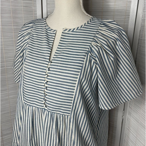 Madewell Top Courtyard Flutter Sleeve Blue Ivory Stripe V Neck Cotton Size XS - Picture 2 of 6